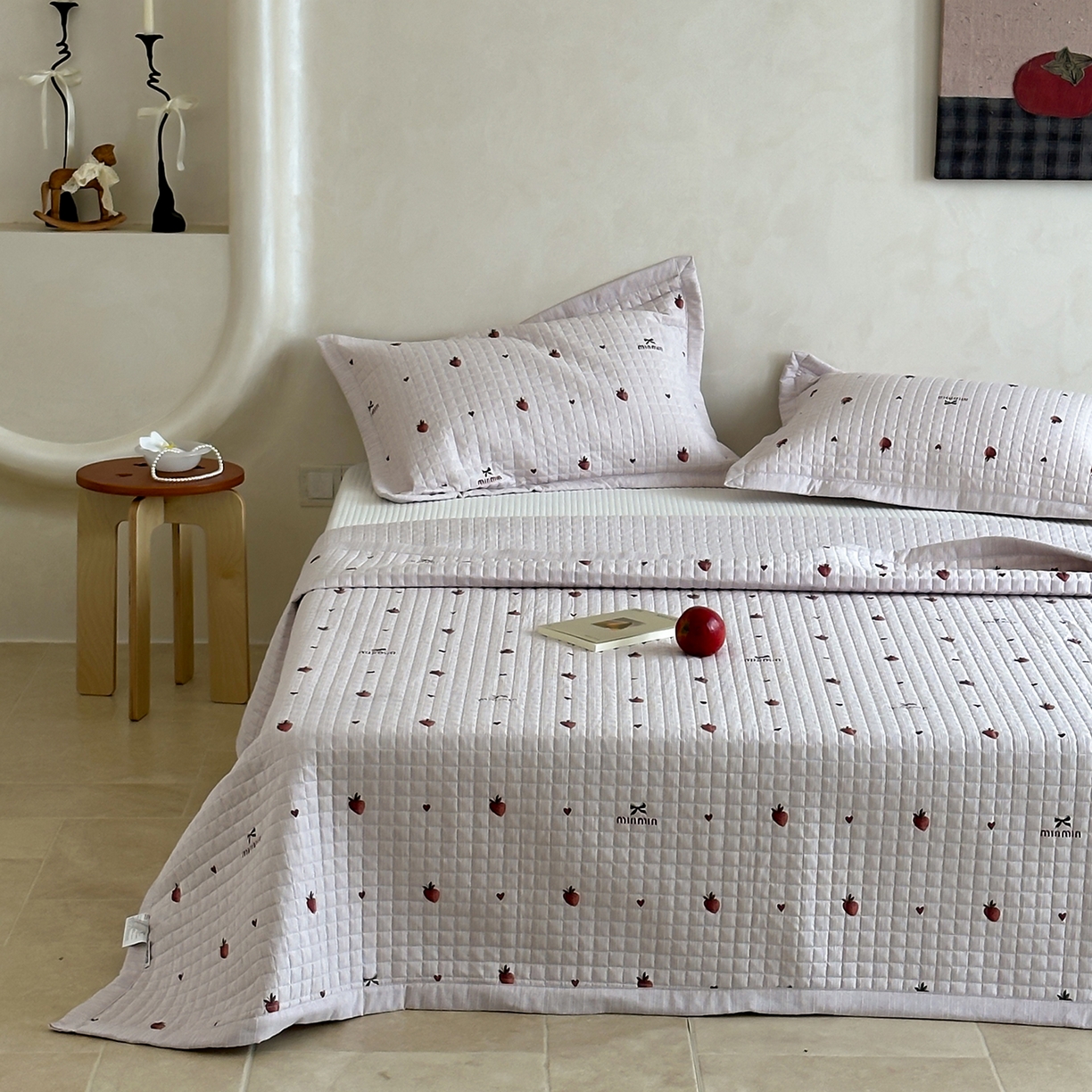 床盖工厂店 2026新款提花色织麻床盖三件套 草莓粉