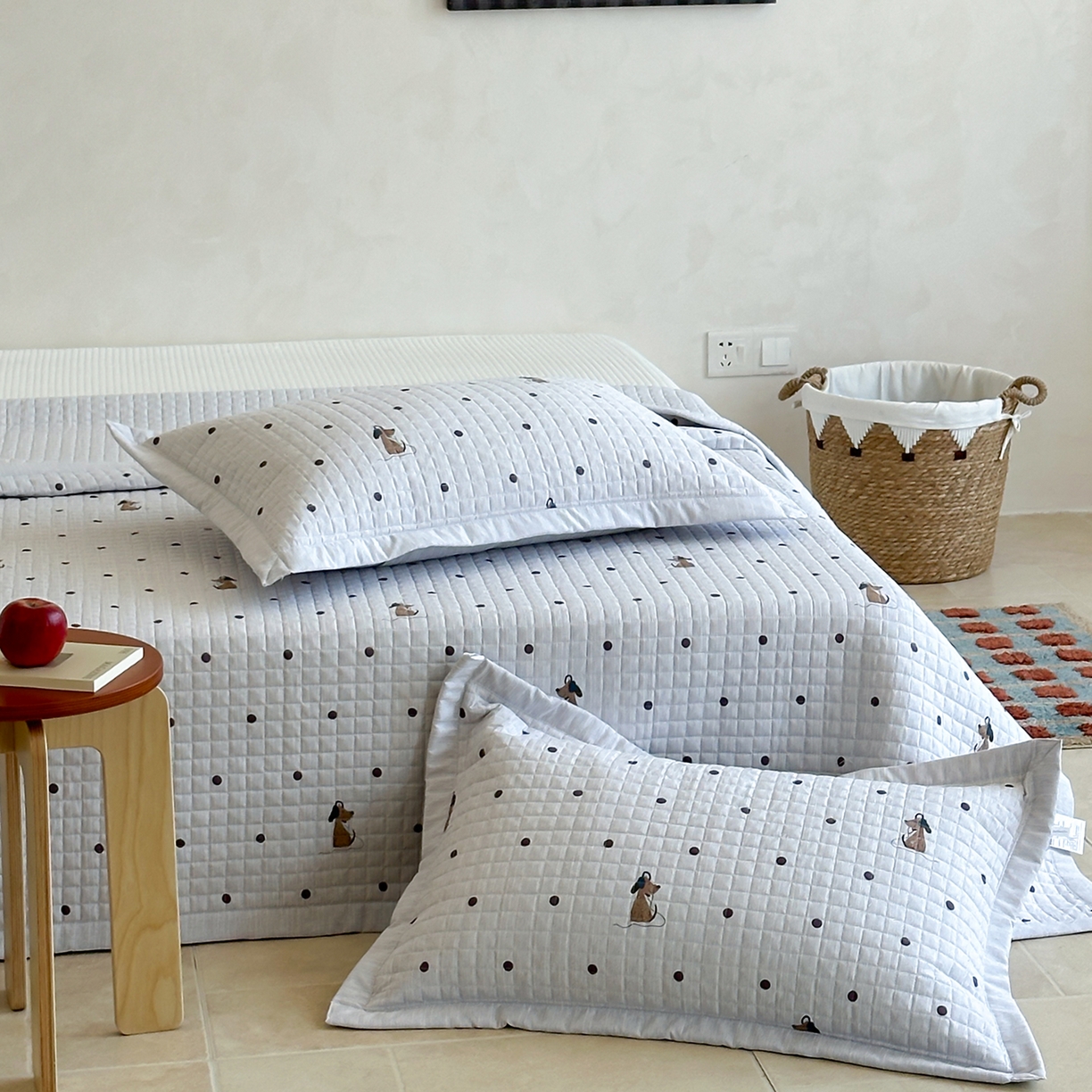 91家纺网 家纺一手货源 找家纺 床盖工厂店 2026新款提花色织麻床盖三件套 点点狗 灰