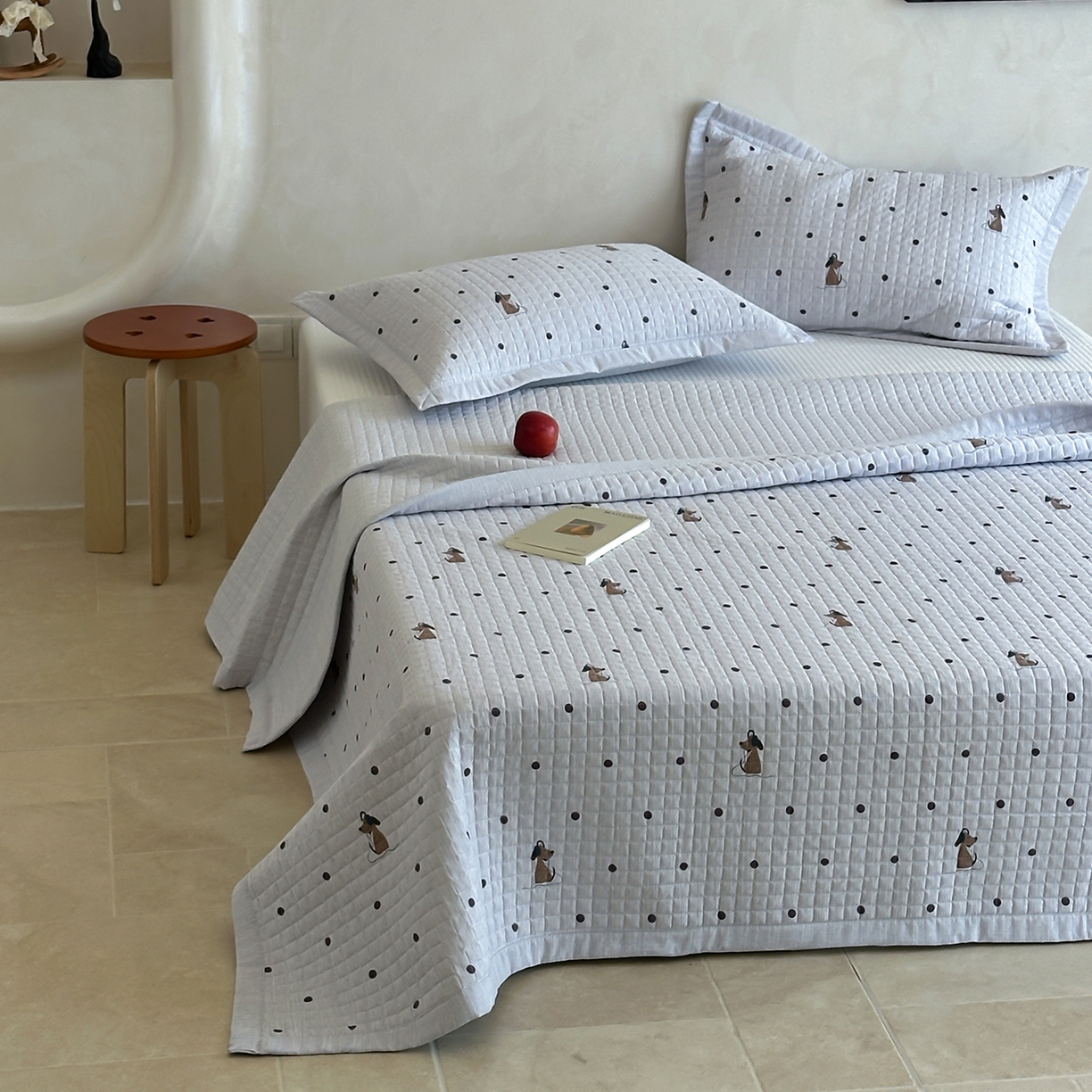 91家纺网 家纺一手货源 找家纺 床盖工厂店 2026新款提花色织麻床盖三件套 点点狗 灰