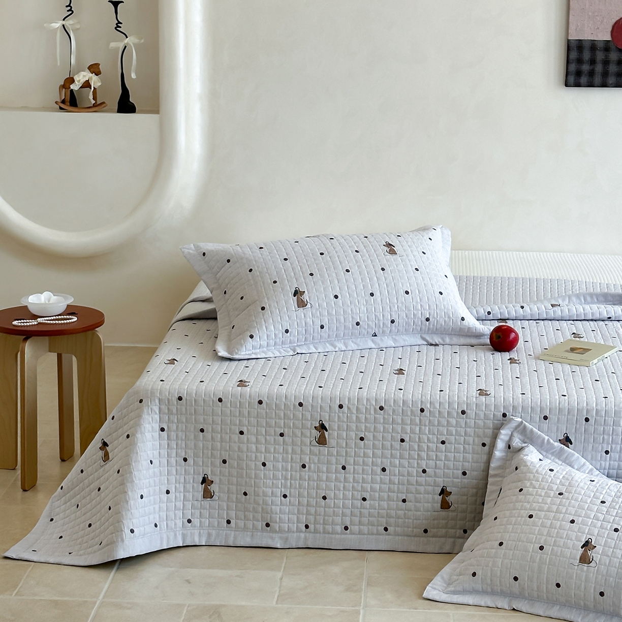 91家纺网 家纺一手货源 找家纺 床盖工厂店 2026新款提花色织麻床盖三件套 点点狗 灰