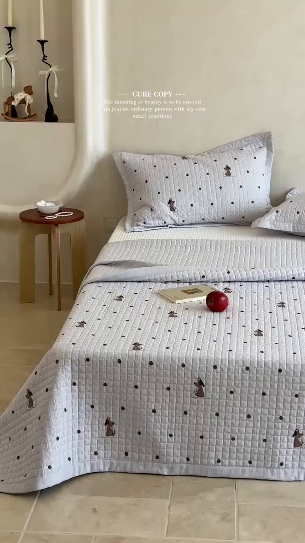 91家纺网 家纺一手货源 找家纺 床盖工厂店 2026新款提花色织麻床盖三件套 点点狗 灰