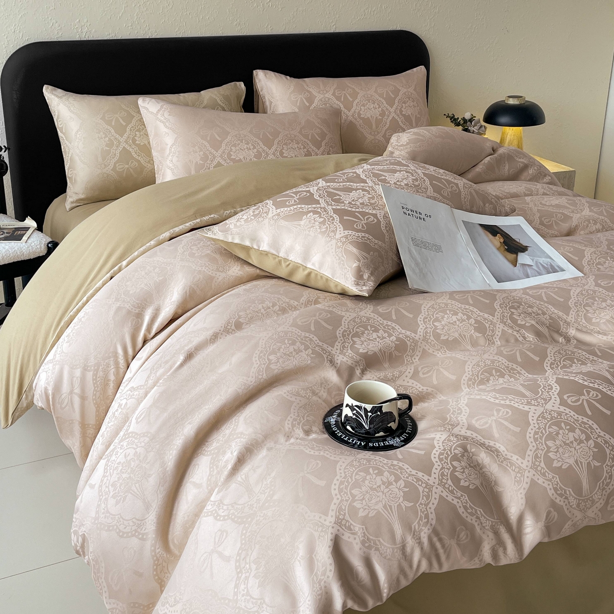 大麦乐田 2026春夏新款贡缎提花纯色双拼四件套  艾利丝 卡其