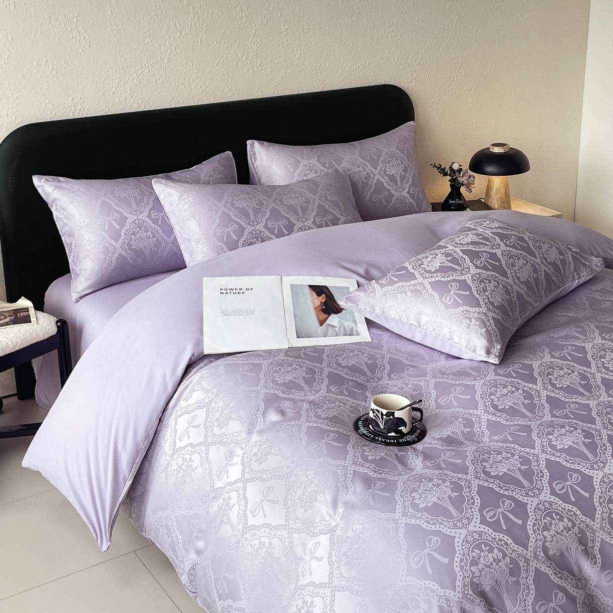 91家纺网 家纺一手货源 找家纺 大麦乐田 2026春夏新款贡缎提花纯色双拼四件套 艾利丝 初恋紫