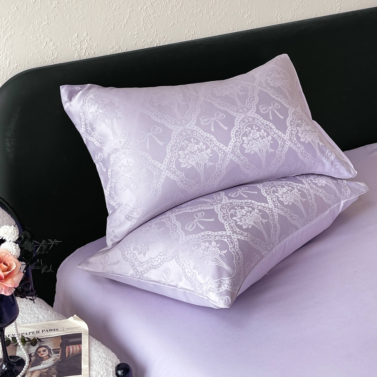 91家纺网 家纺一手货源 找家纺 大麦乐田 2026春夏新款贡缎提花纯色双拼四件套 艾利丝 初恋紫