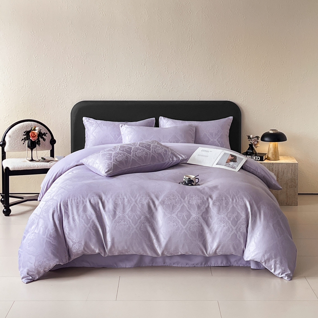 91家纺网 家纺一手货源 找家纺 大麦乐田 2026春夏新款贡缎提花纯色双拼四件套 艾利丝 初恋紫