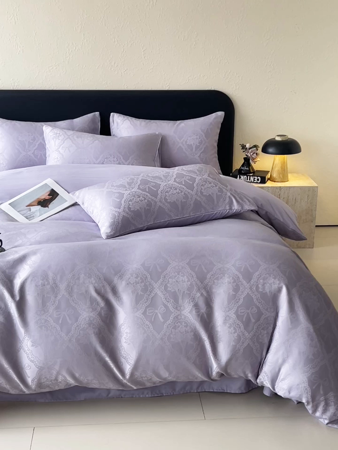 91家纺网 家纺一手货源 找家纺 大麦乐田 2026春夏新款贡缎提花纯色双拼四件套 艾利丝 初恋紫