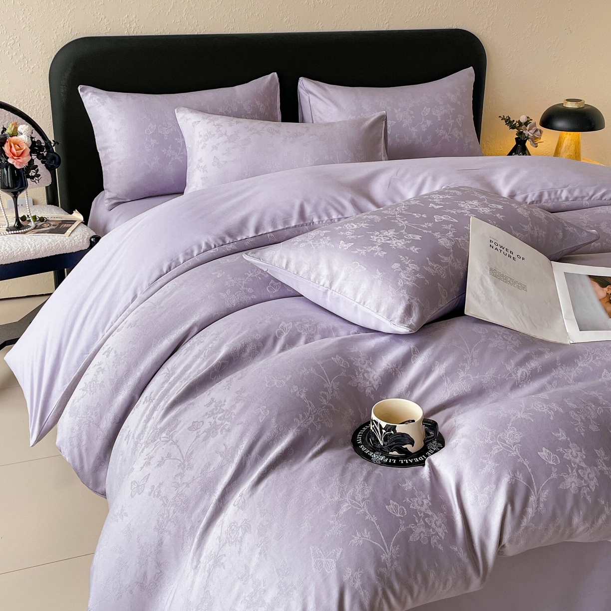 大麦乐田 2026春夏新款贡缎提花纯色双拼四件套 爱草 初恋紫