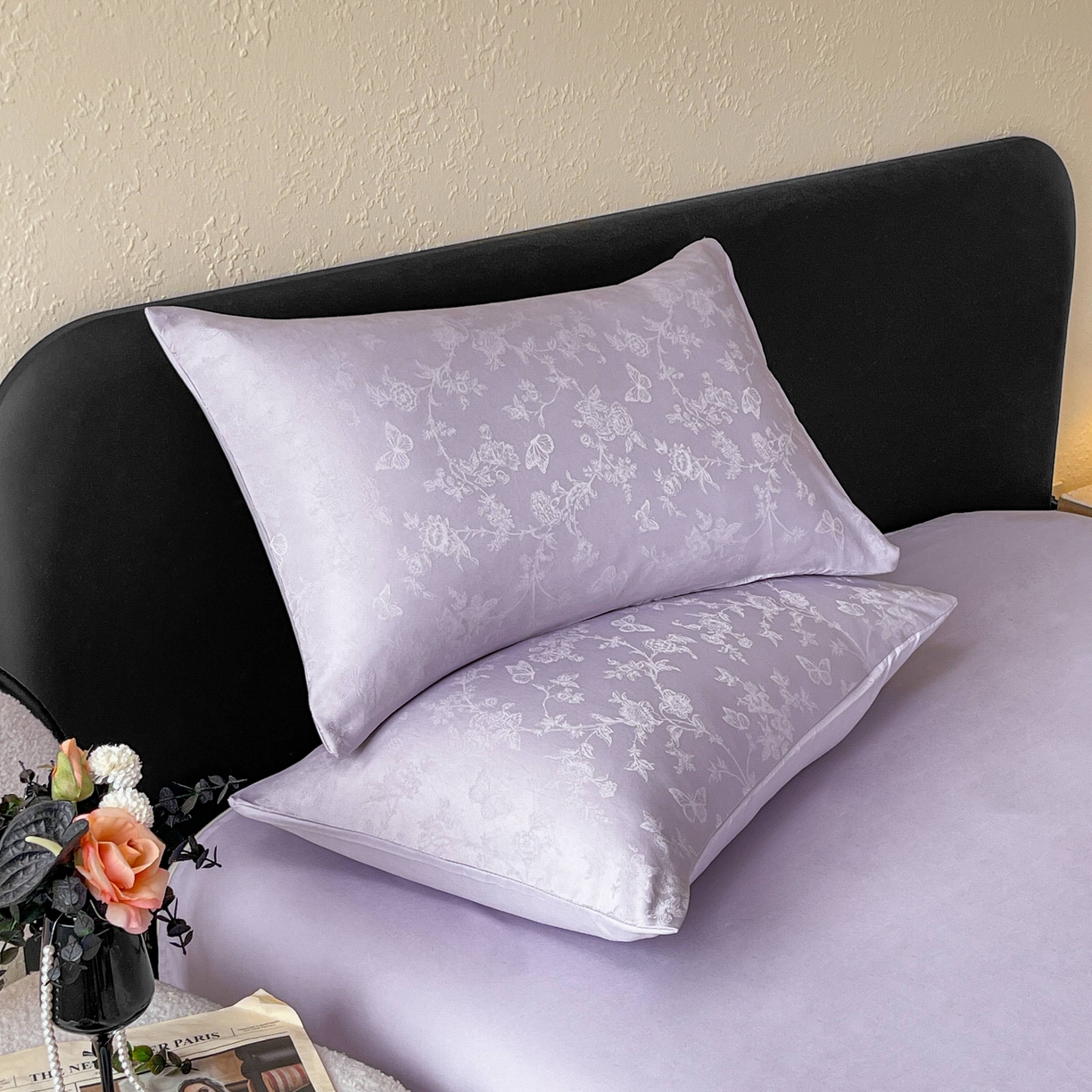 91家纺网 家纺一手货源 找家纺 大麦乐田 2026春夏新款贡缎提花纯色双拼四件套 爱草 初恋紫