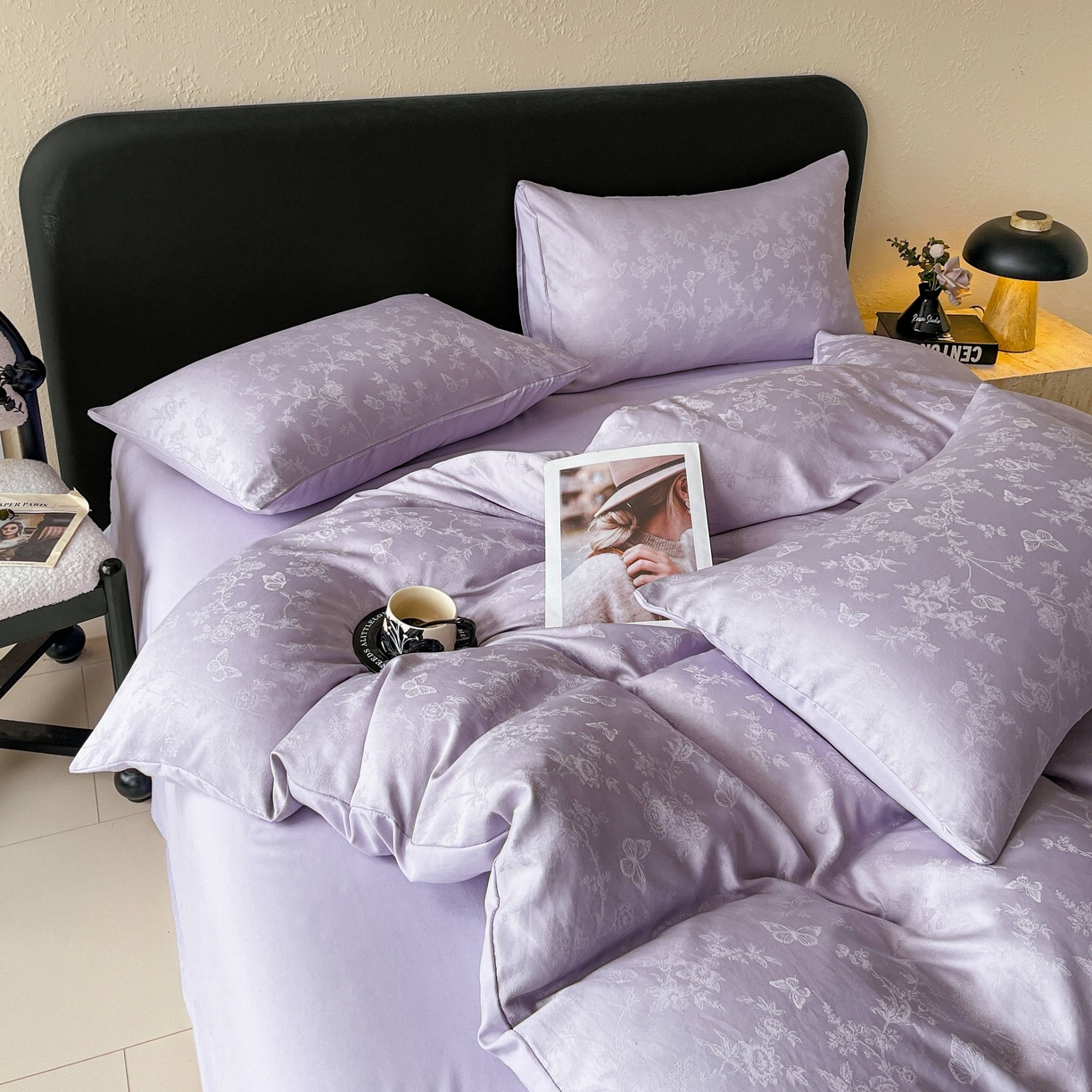 91家纺网 家纺一手货源 找家纺 大麦乐田 2026春夏新款贡缎提花纯色双拼四件套 爱草 初恋紫