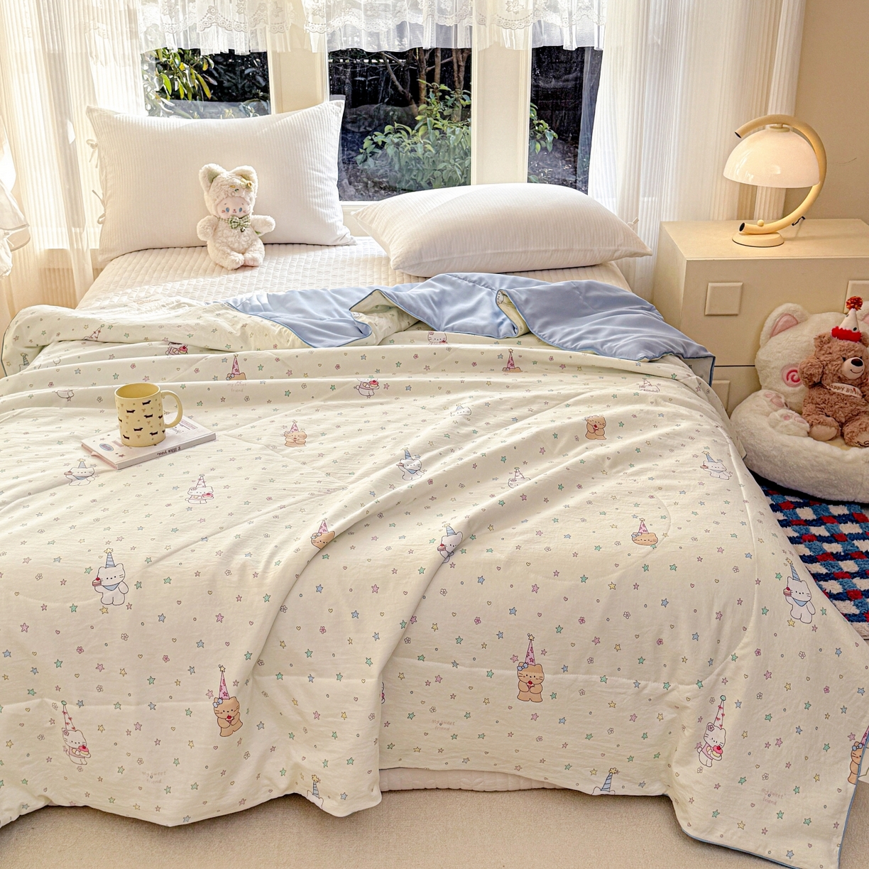 91家纺网 家纺一手货源 找家纺 梦恬佳 2026新款水洗皱皱纱卡通印花夏凉被 星星奶猫
