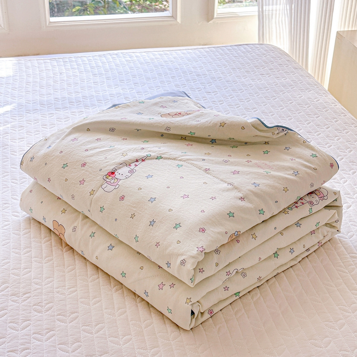 91家纺网 家纺一手货源 找家纺 梦恬佳 2026新款水洗皱皱纱卡通印花夏凉被 星星奶猫