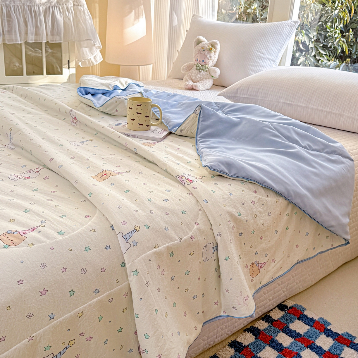 91家纺网 家纺一手货源 找家纺 梦恬佳 2026新款水洗皱皱纱卡通印花夏凉被 星星奶猫