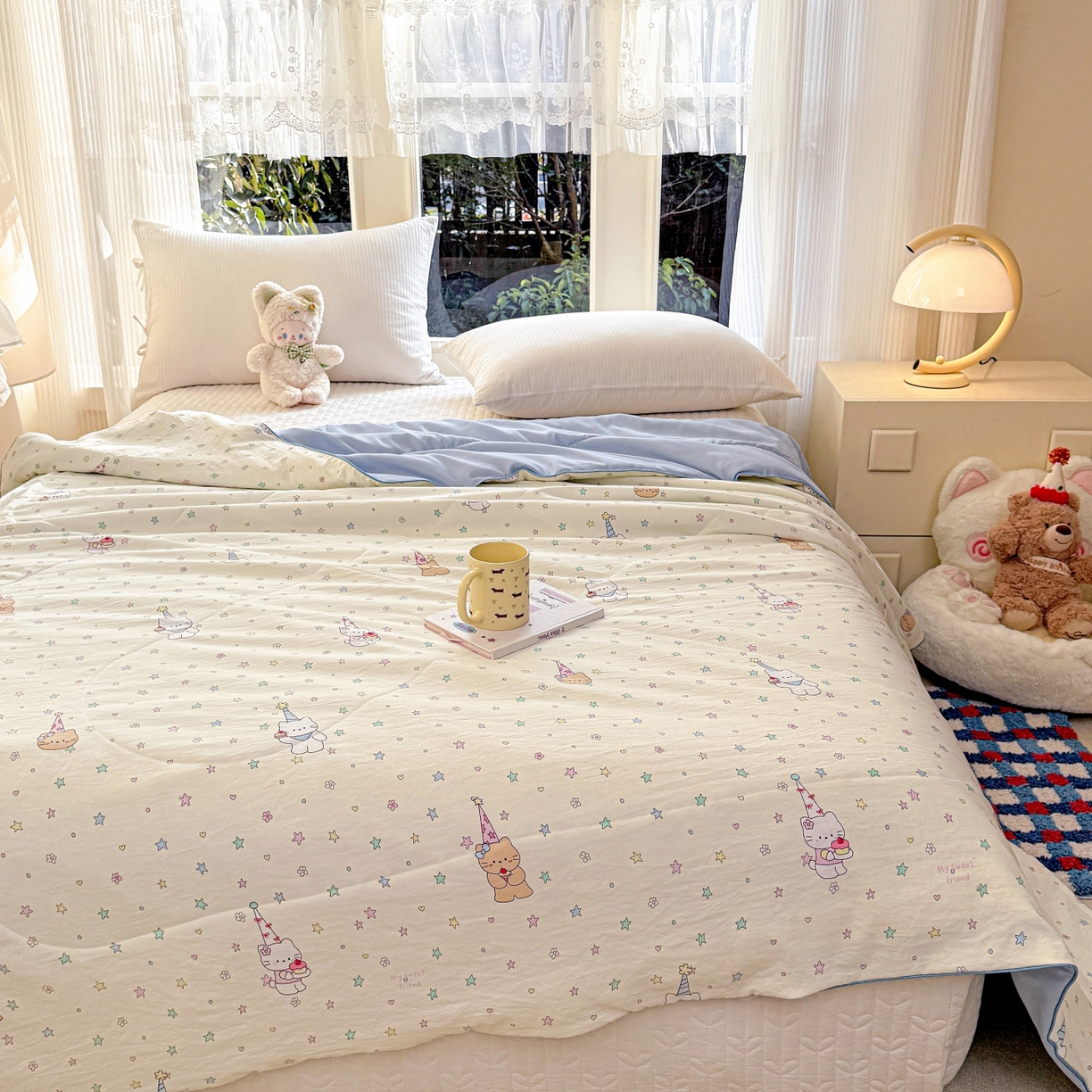 91家纺网 家纺一手货源 找家纺 梦恬佳 2026新款水洗皱皱纱卡通印花夏凉被 星星奶猫