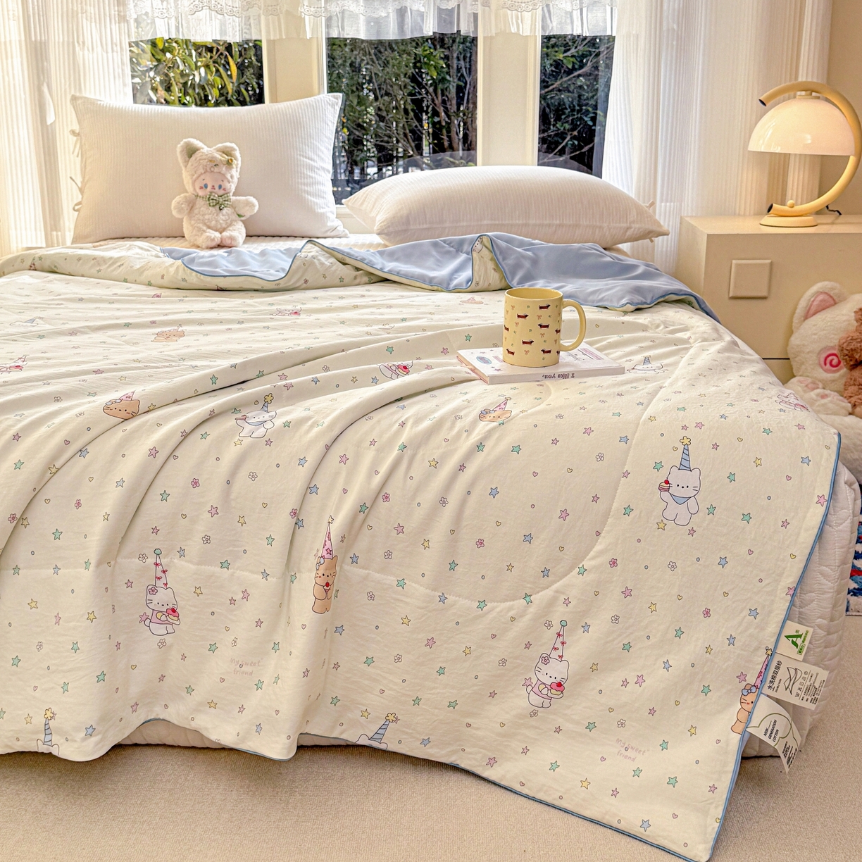 91家纺网 家纺一手货源 找家纺 梦恬佳 2026新款水洗皱皱纱卡通印花夏凉被 星星奶猫