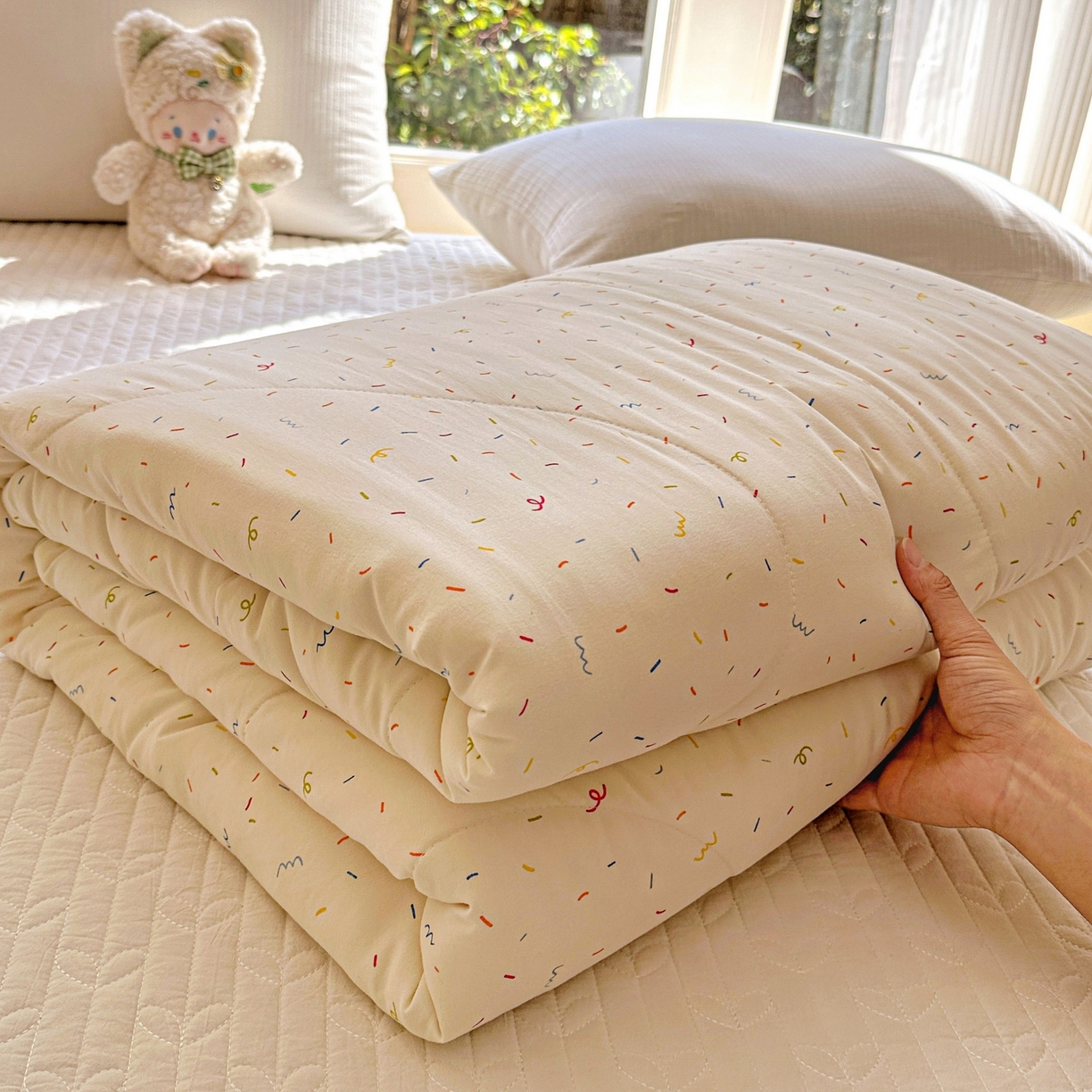 91家纺网 家纺一手货源 找家纺 梦恬佳 2026新款水洗皱皱纱卡通印花夏凉被 奶油芝士