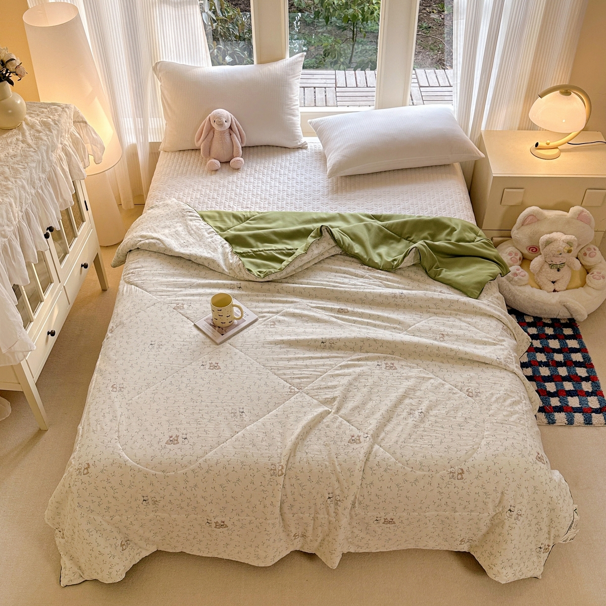 91家纺网 家纺一手货源 找家纺 梦恬佳 2026新款水洗皱皱纱卡通印花夏凉被 春意兔