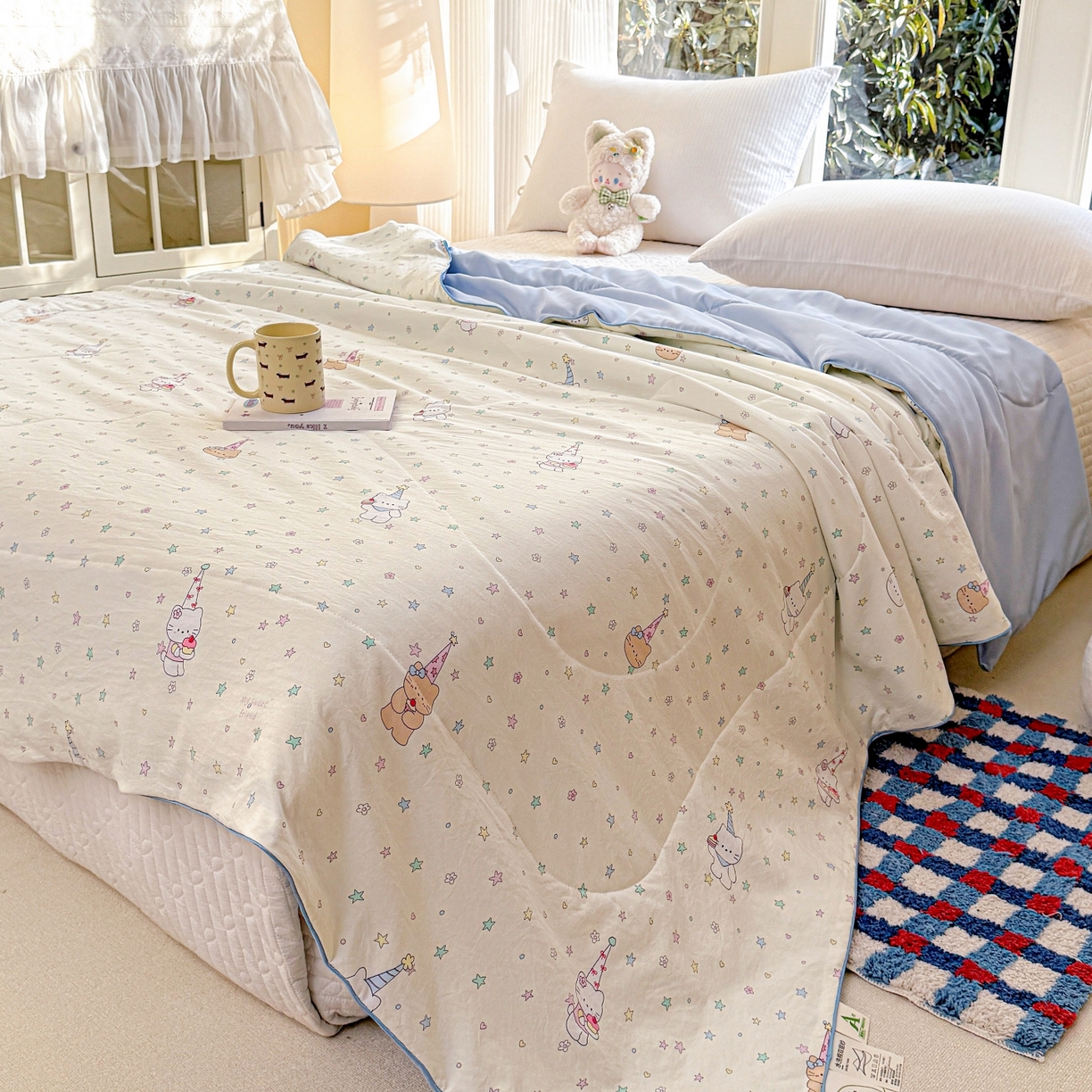 91家纺网 家纺一手货源 找家纺 梦恬佳 2026新款水洗皱皱纱卡通印花夏凉被 星星奶猫