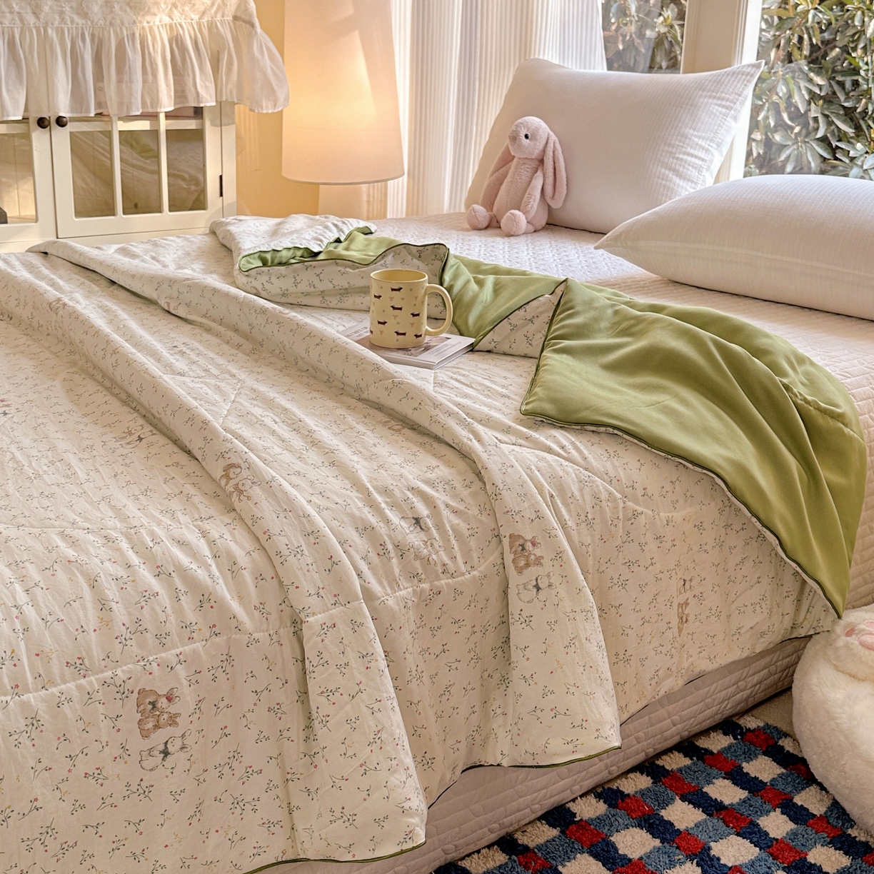 91家纺网 家纺一手货源 找家纺 梦恬佳 2026新款水洗皱皱纱卡通印花夏凉被 春意兔