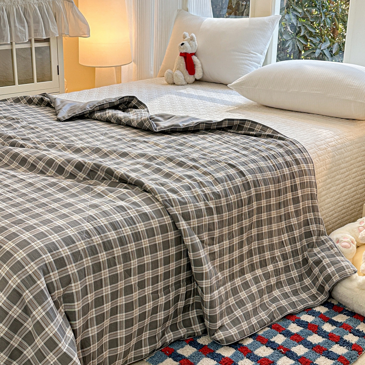 91家纺网 家纺一手货源 找家纺 梦恬佳 2026新款水洗皱皱纱卡通印花夏凉被 灰白格