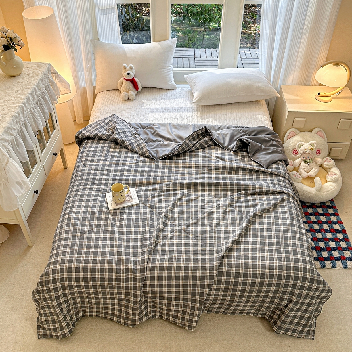 91家纺网 家纺一手货源 找家纺 梦恬佳 2026新款水洗皱皱纱卡通印花夏凉被 灰白格