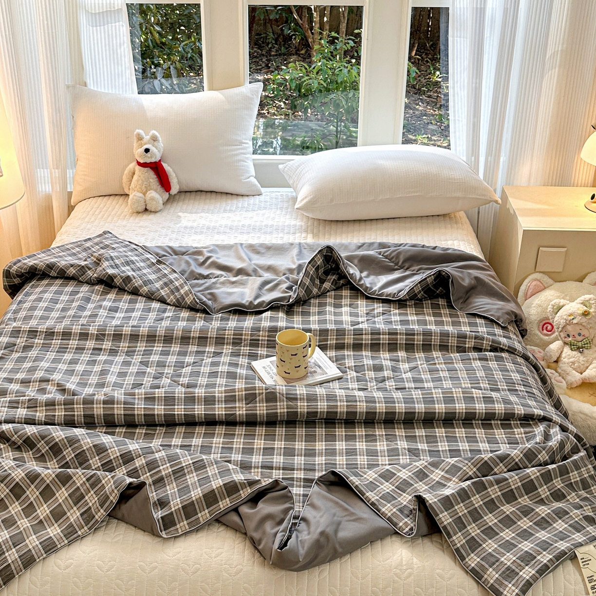 91家纺网 家纺一手货源 找家纺 梦恬佳 2026新款水洗皱皱纱卡通印花夏凉被 灰白格