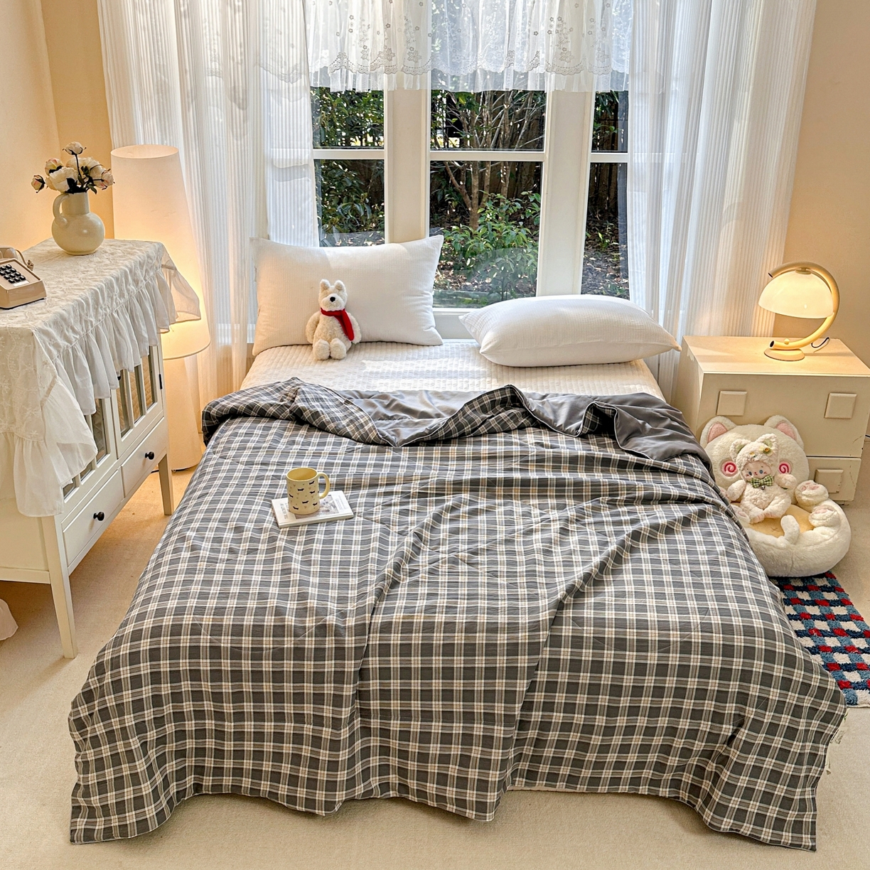 梦恬佳 2026新款水洗皱皱纱卡通印花夏凉被 灰白格