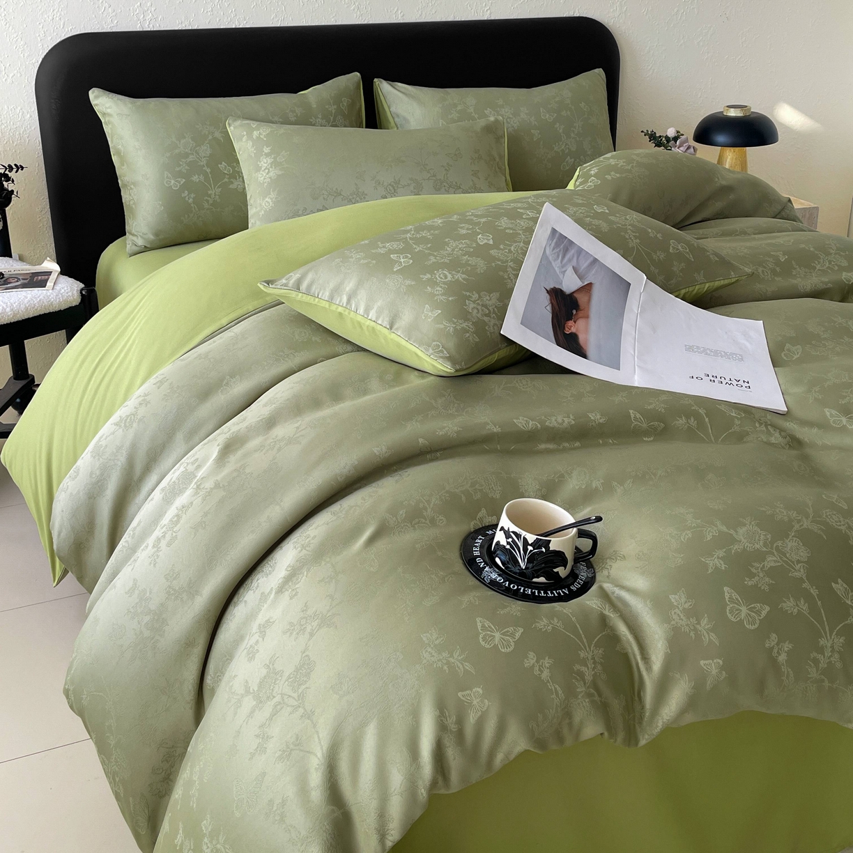 大麦乐田 2026春夏新款贡缎提花纯色双拼四件套 爱草 抹茶绿