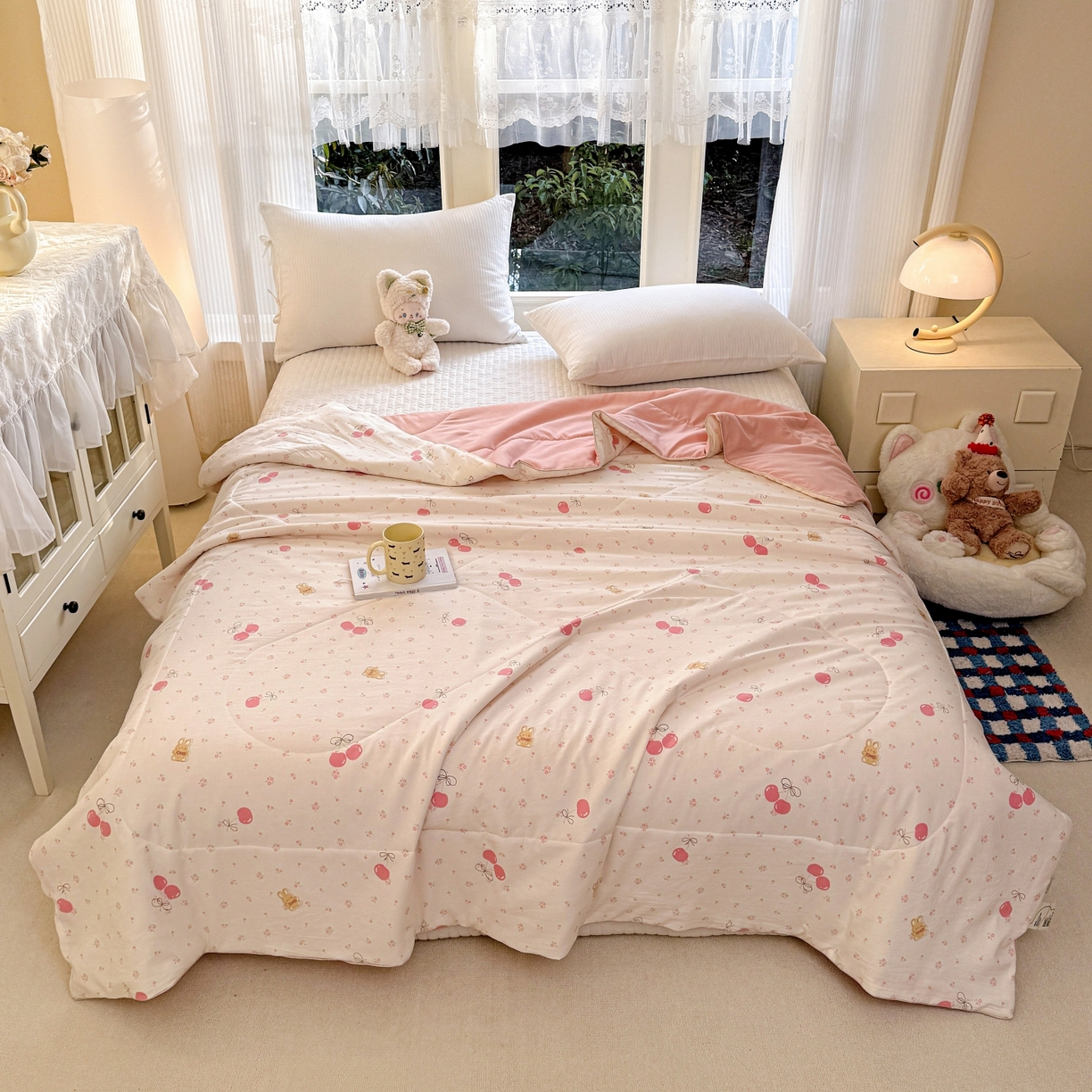 梦恬佳 2026新款水洗皱皱纱卡通印花夏凉被 粉色樱桃