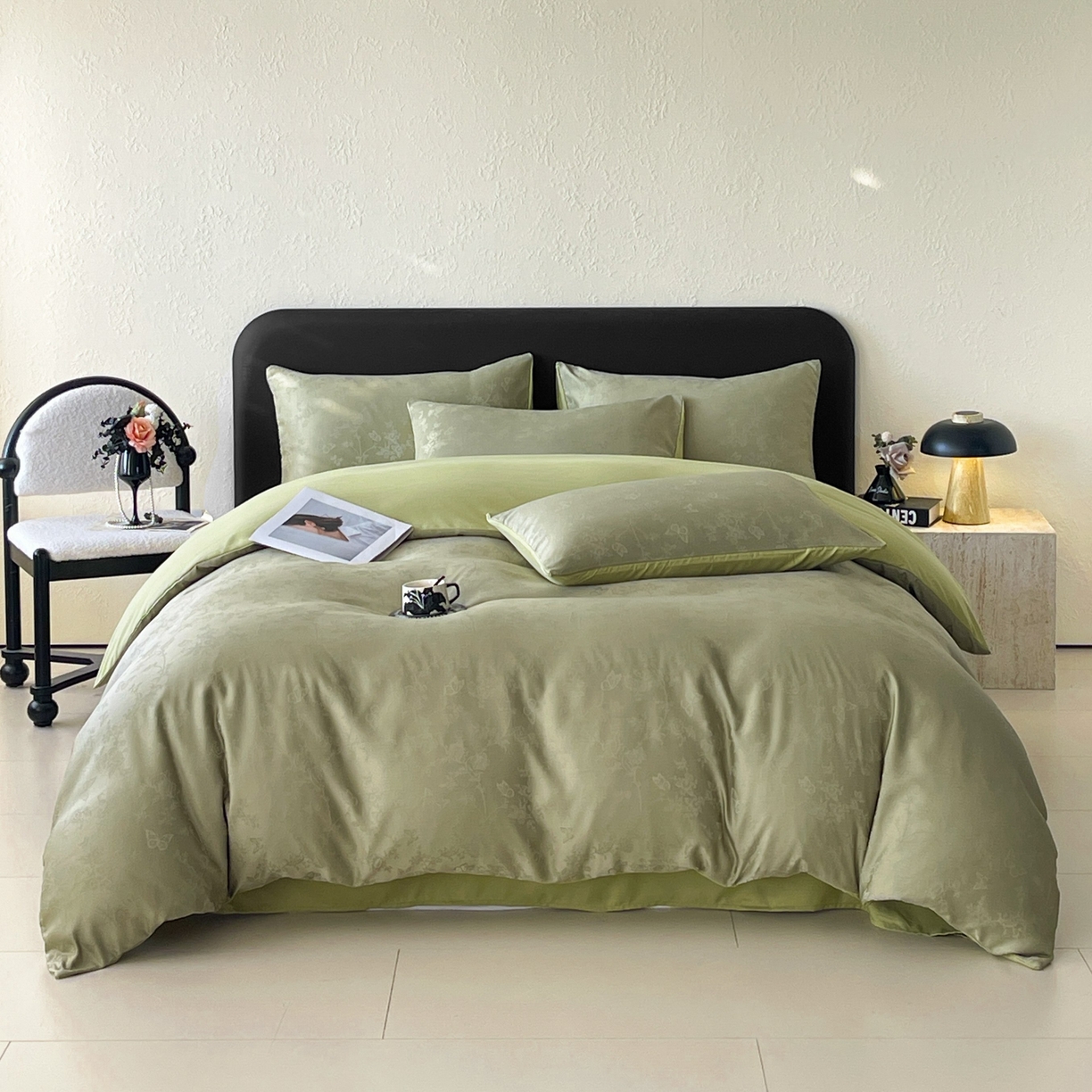 91家纺网 家纺一手货源 找家纺 大麦乐田 2026春夏新款贡缎提花纯色双拼四件套 爱草 抹茶绿