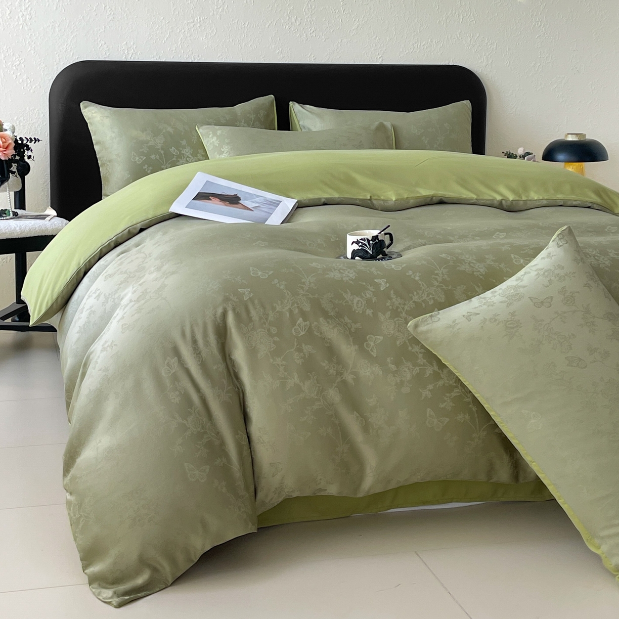 91家纺网 家纺一手货源 找家纺 大麦乐田 2026春夏新款贡缎提花纯色双拼四件套 爱草 抹茶绿