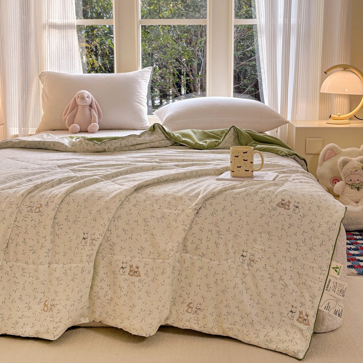 91家纺网 家纺一手货源 找家纺 梦恬佳 2026新款水洗皱皱纱卡通印花夏凉被 春意兔