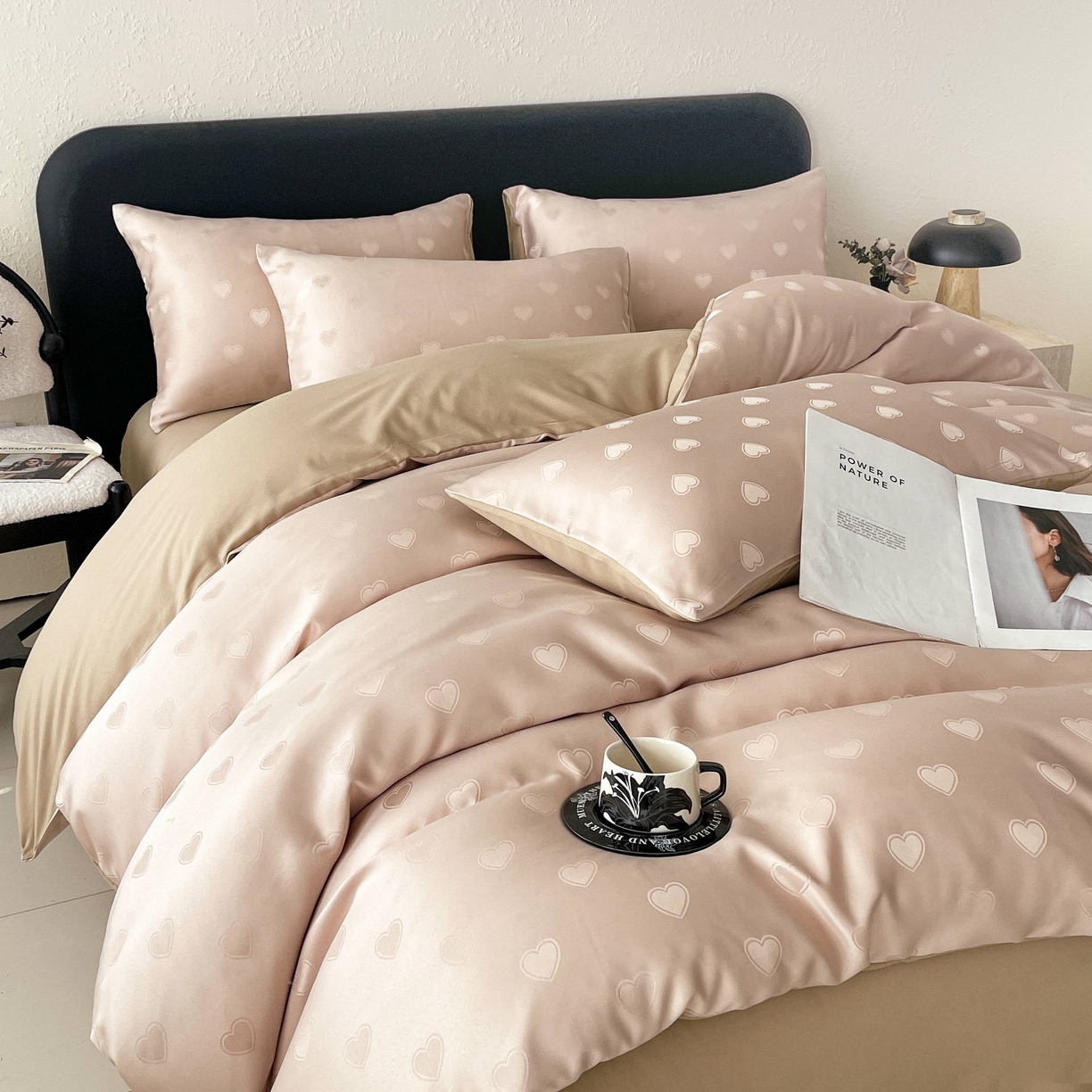 大麦乐田 2026春夏新款贡缎提花纯色双拼四件套  爱心 卡其