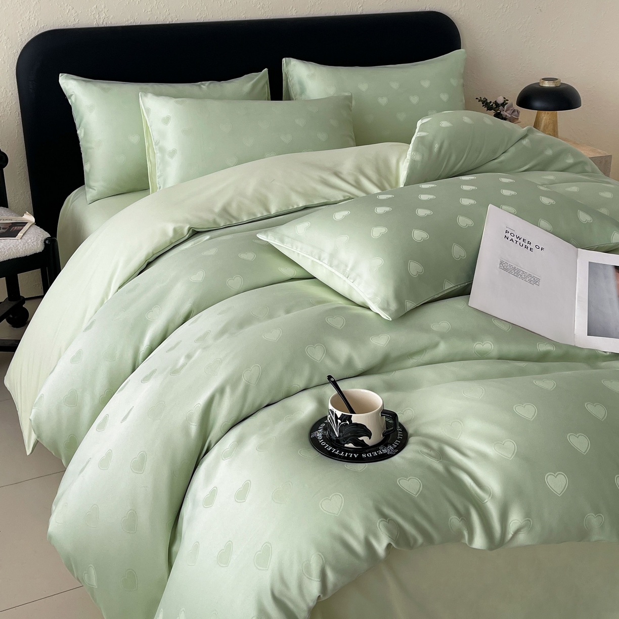 大麦乐田 2026春夏新款贡缎提花纯色双拼四件套  爱心 奶油绿