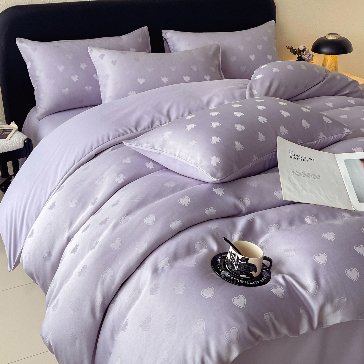 大麦乐田 2026春夏新款贡缎提花纯色双拼四件套 爱心 初恋紫