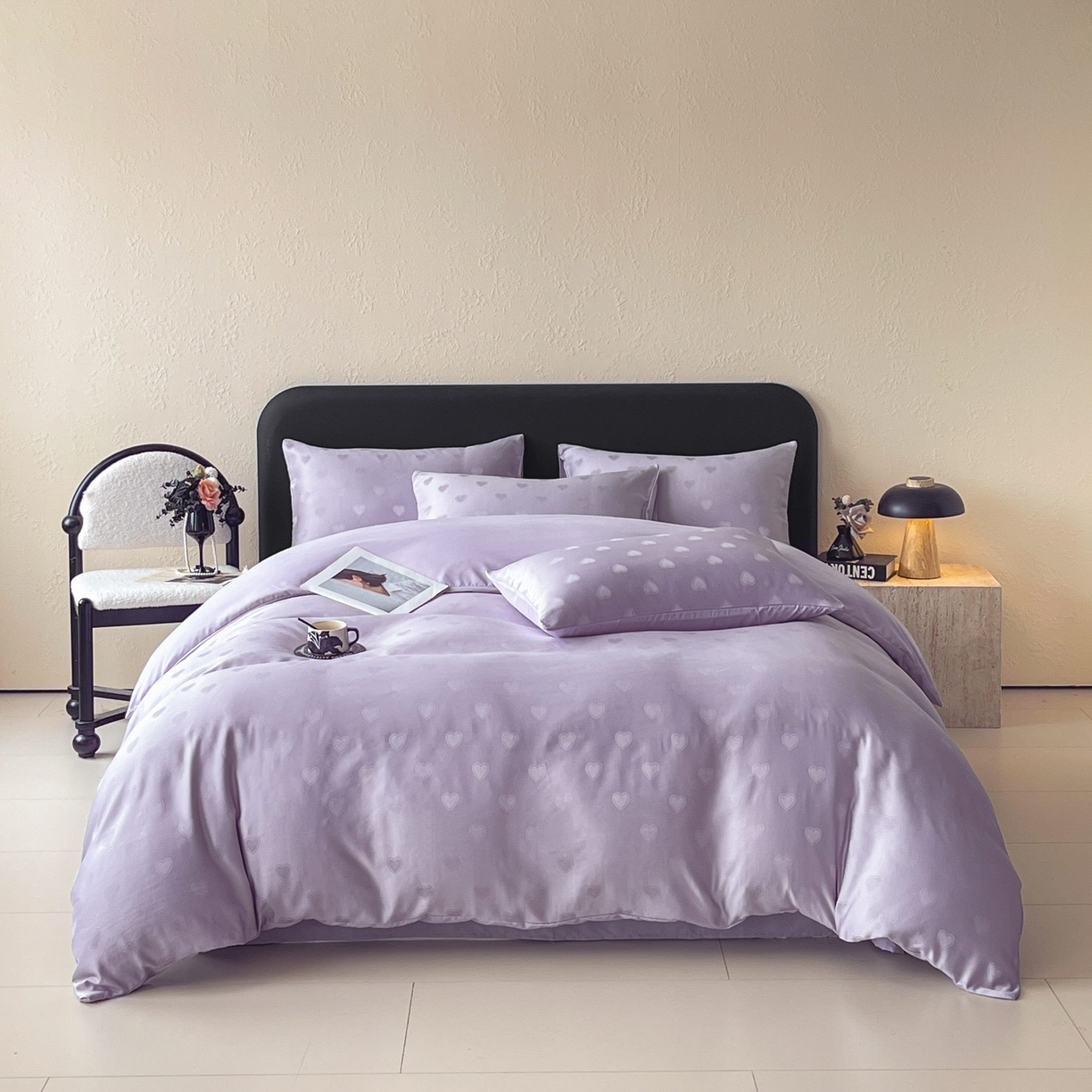 91家纺网 家纺一手货源 找家纺 大麦乐田 2026春夏新款贡缎提花纯色双拼四件套 爱心 初恋紫