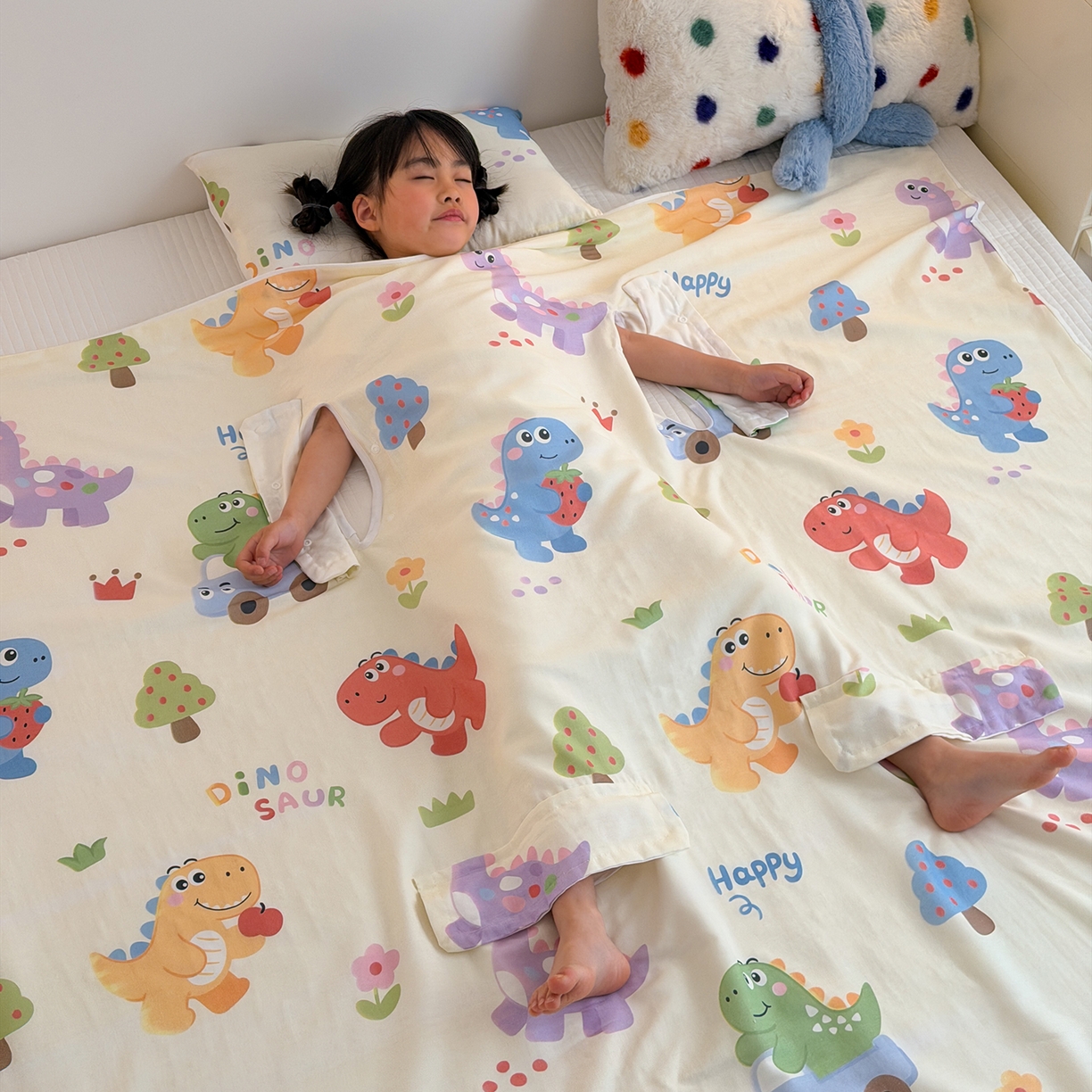 嗨生活 2026新款全棉纱布护肚防踢睡袋多功能盖毯宝宝夏被 恐龙世界
