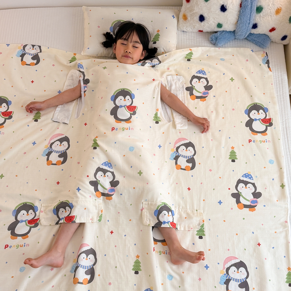 91家纺网 家纺一手货源 找家纺 嗨生活 2026新款全棉纱布护肚防踢睡袋多功能盖毯宝宝夏被 儿童夏被 儿童防踢被 波点企鹅