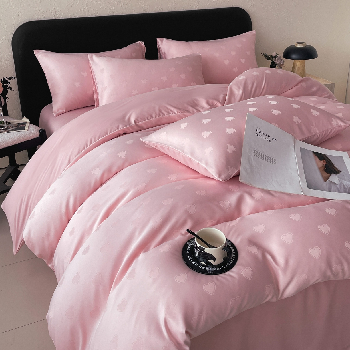 大麦乐田 2026春夏新款贡缎提花纯色双拼四件套 爱心 香粉玉