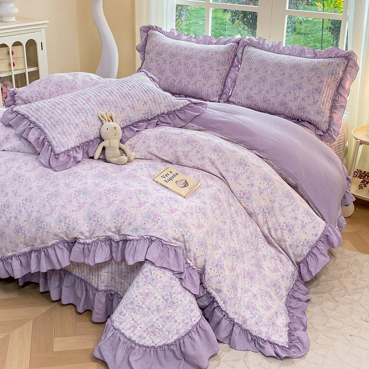 91家纺网 家纺一手货源 找家纺 眠势力 2026新款云感皱皱纱床盖四件套 紫雾花汀