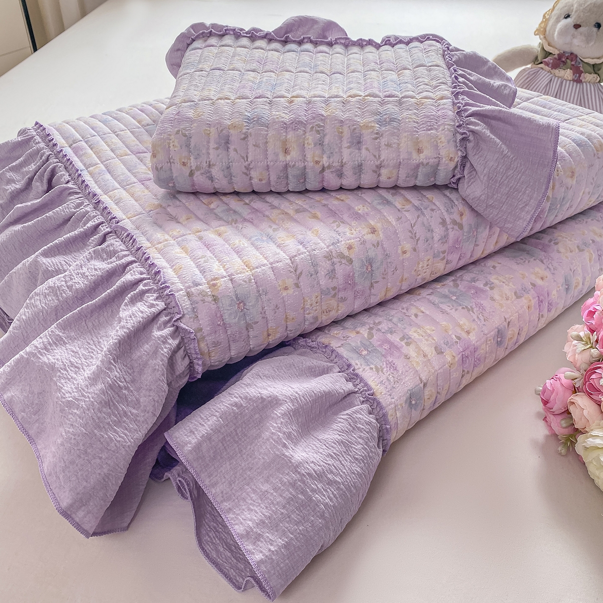 91家纺网 家纺一手货源 找家纺 眠势力 2026新款云感皱皱纱床盖四件套 紫雾花汀