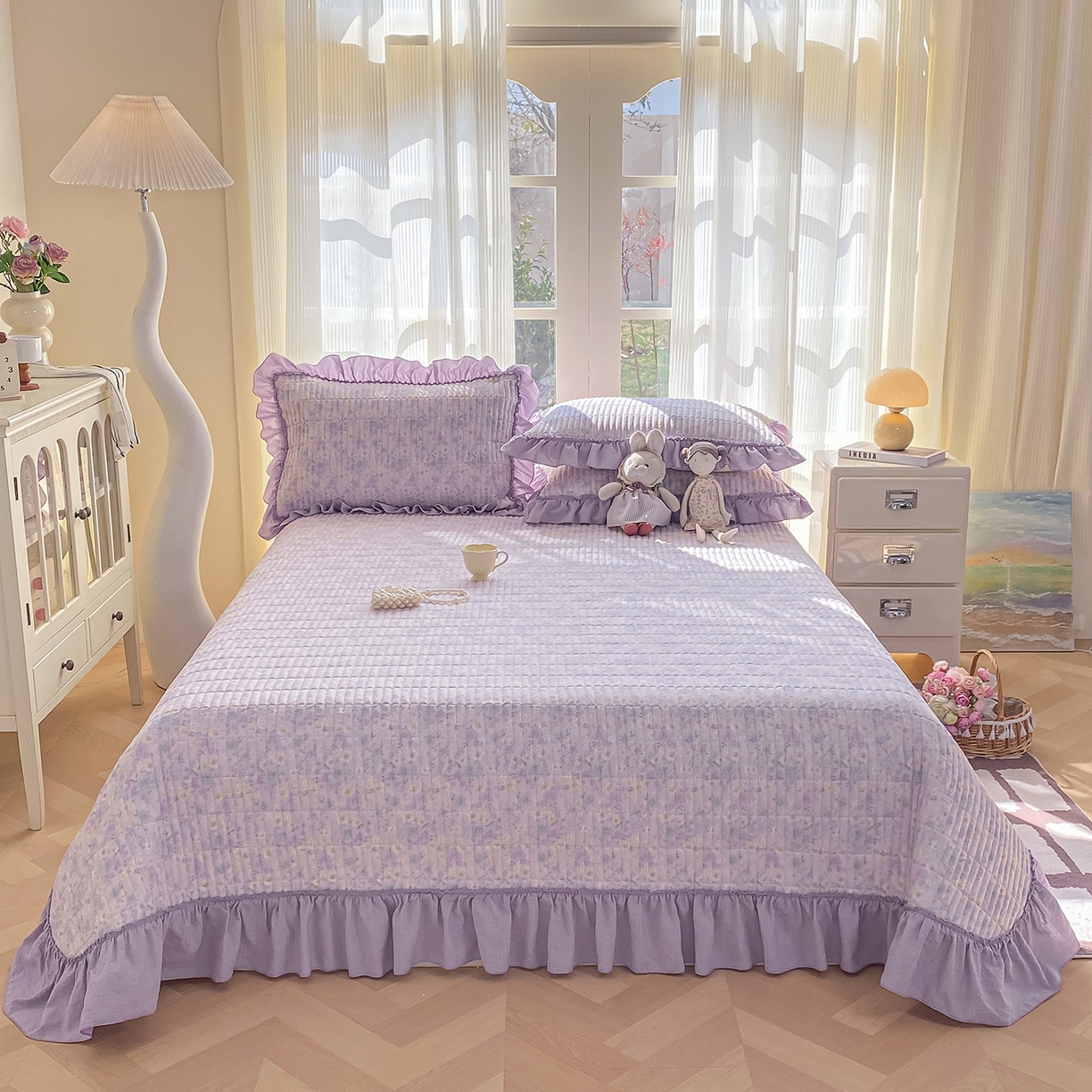 91家纺网 家纺一手货源 找家纺 眠势力 2026新款云感皱皱纱床盖四件套 紫雾花汀