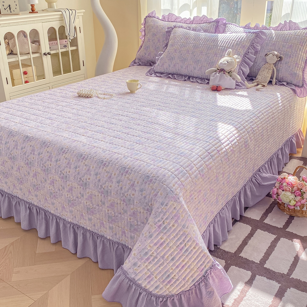 91家纺网 家纺一手货源 找家纺 眠势力 2026新款云感皱皱纱床盖四件套 紫雾花汀