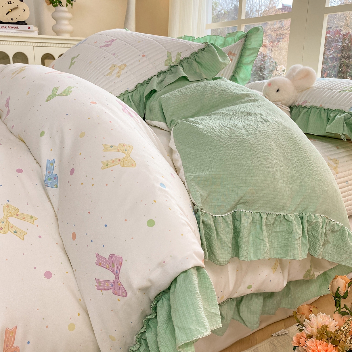 91家纺网 家纺一手货源 找家纺 眠势力 2026新款云感皱皱纱床盖四件套 缤纷彩结