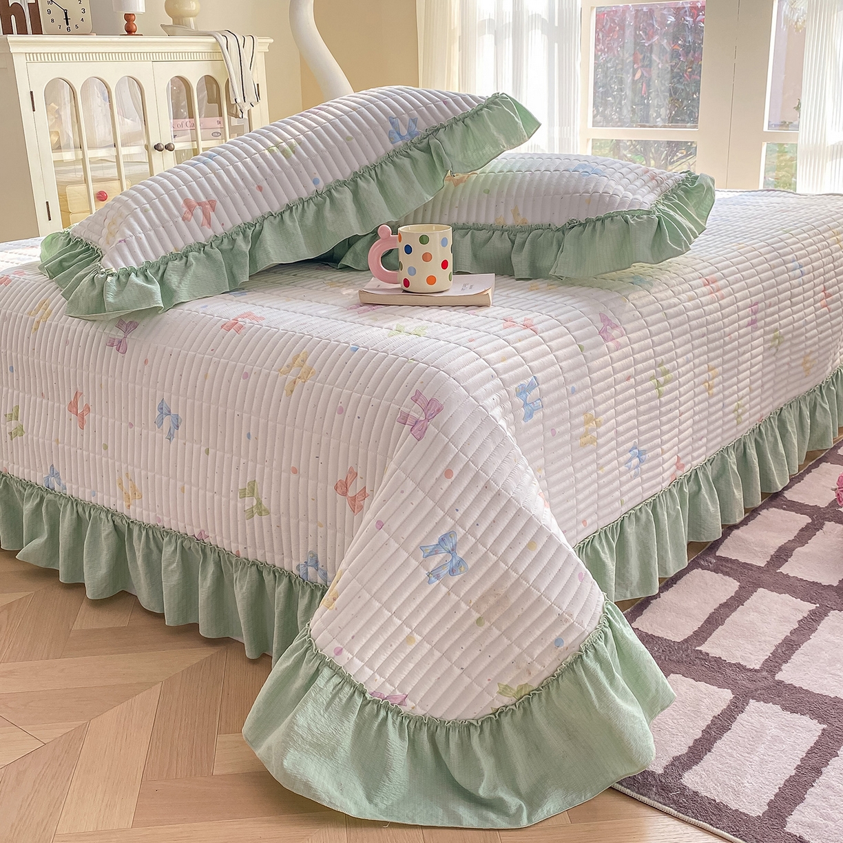 91家纺网 家纺一手货源 找家纺 眠势力 2026新款云感皱皱纱床盖四件套 缤纷彩结