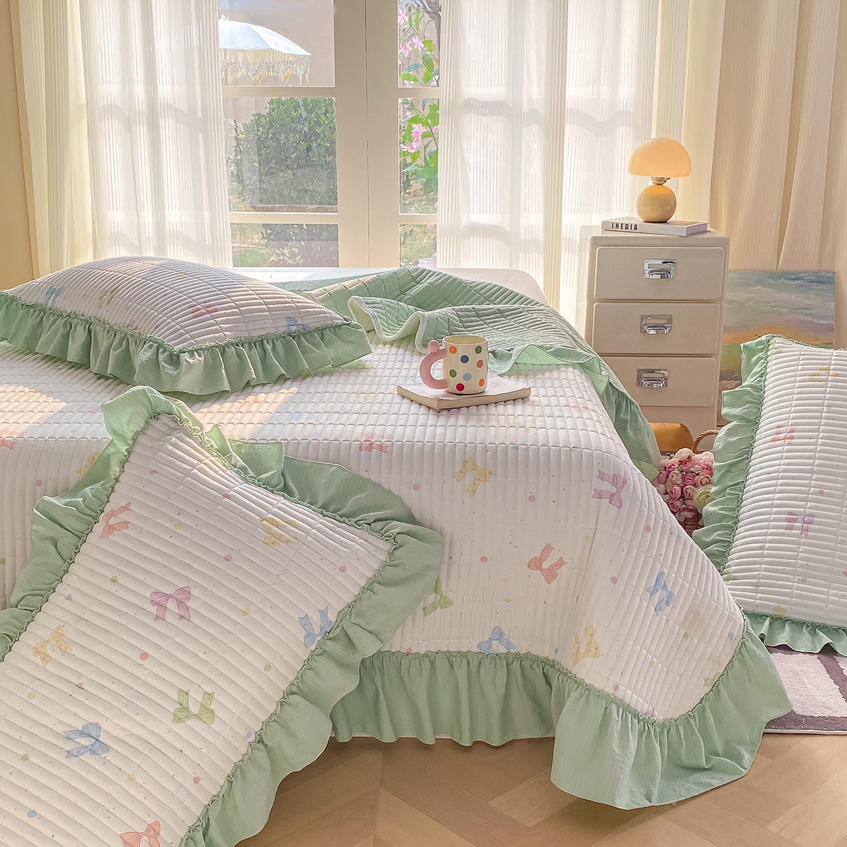 91家纺网 家纺一手货源 找家纺 眠势力 2026新款云感皱皱纱床盖四件套 缤纷彩结