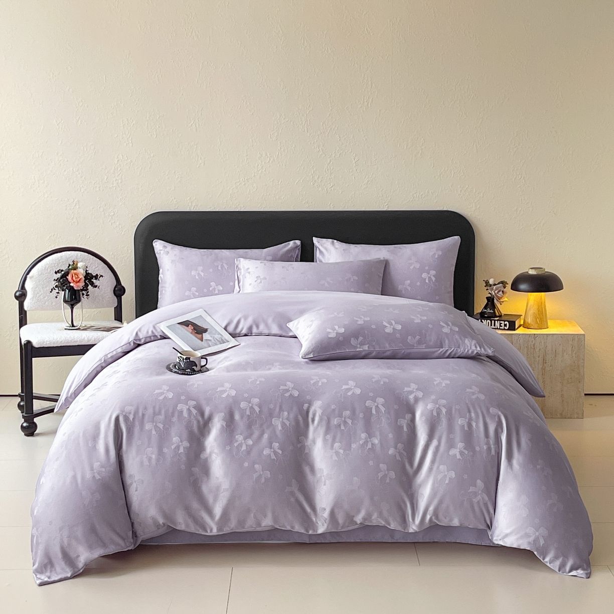 91家纺网 家纺一手货源 找家纺 大麦乐田 2026春夏新款贡缎提花纯色双拼四件套  领结 初恋紫