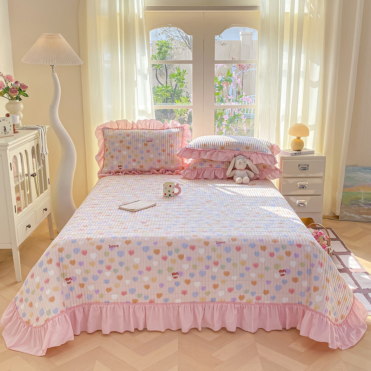 91家纺网 家纺一手货源 找家纺 眠势力 2026新款云感皱皱纱床盖四件套 彩色心情