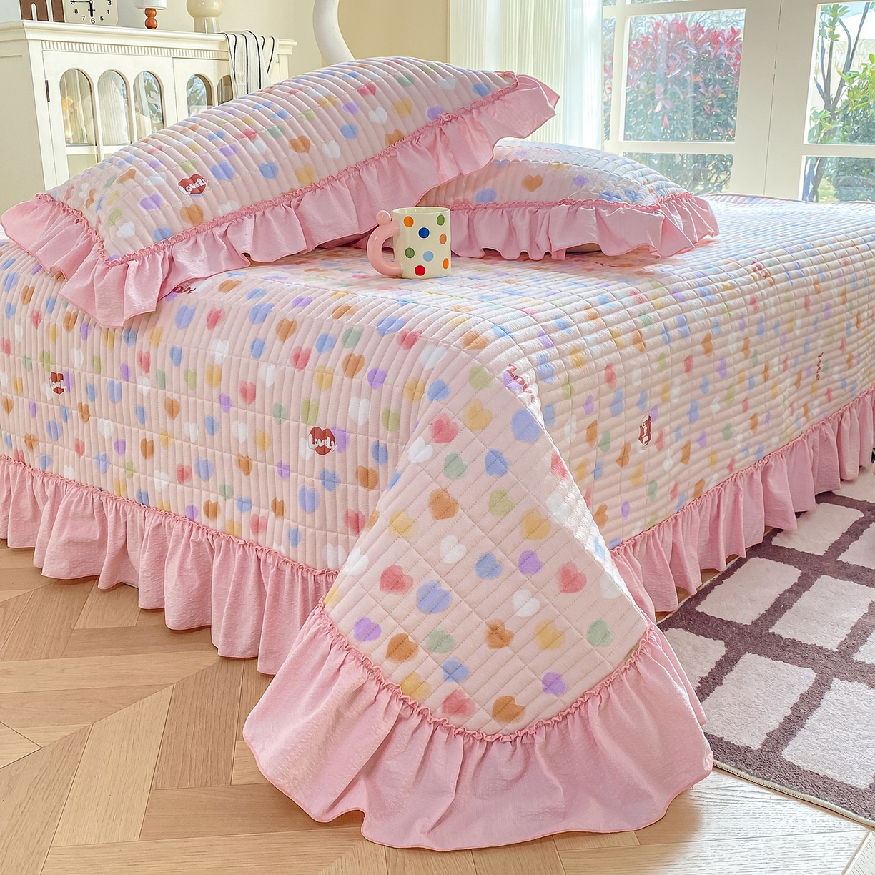 91家纺网 家纺一手货源 找家纺 眠势力 2026新款云感皱皱纱床盖四件套 彩色心情