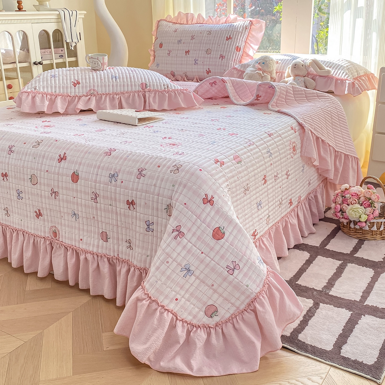 91家纺网 家纺一手货源 找家纺 眠势力 2026新款云感皱皱纱床盖四件套 草莓蝴蝶结