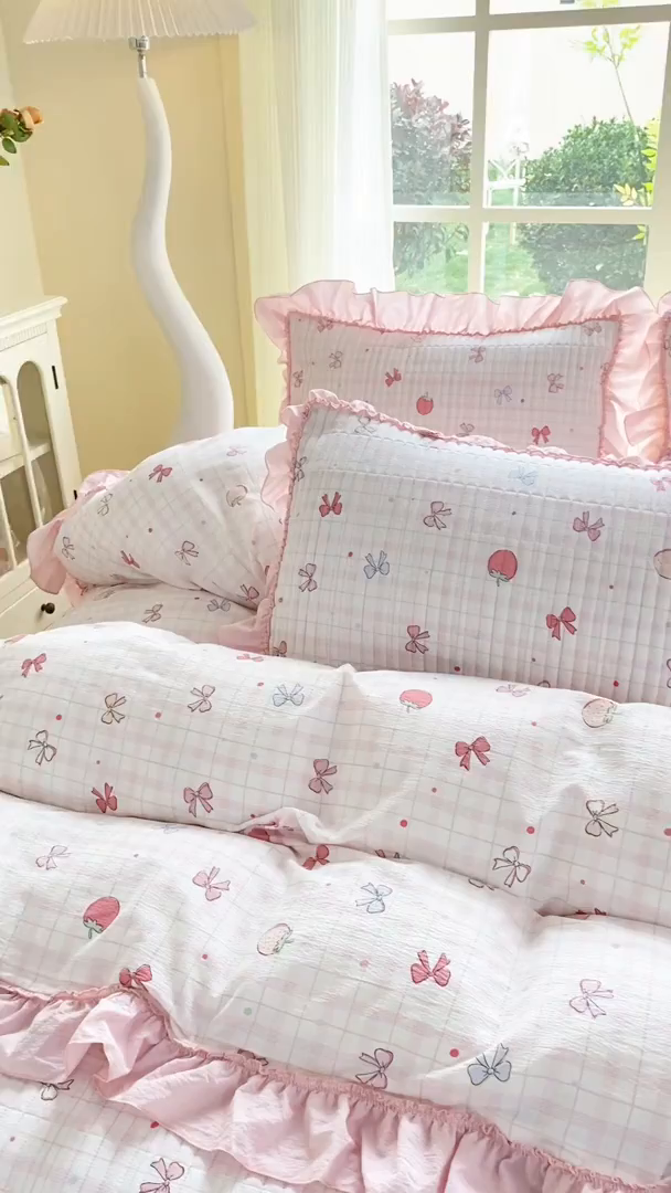 91家纺网 家纺一手货源 找家纺 眠势力 2026新款云感皱皱纱床盖四件套 草莓蝴蝶结